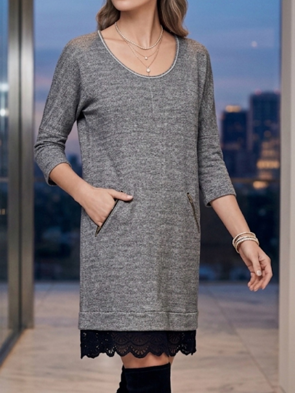 Dolan Left Coast Collection Grey Knit Lace Trim Shift Dress S Zipper Pockets